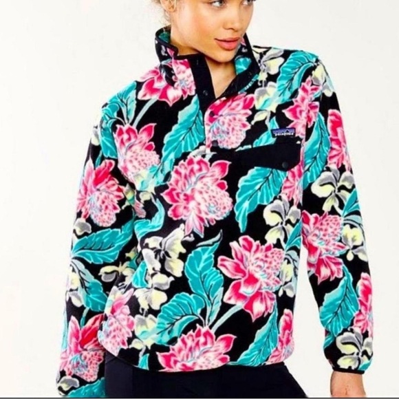 Patagonia Synchilla Manoa Floral Fleece Pullover Jacket Women Large T Snap Rare - Picture 2 of 9